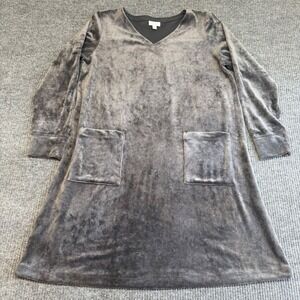 J Jill Pure Jill Gray Velour Tunic Dress Women's Large Shift V Neck Pockets